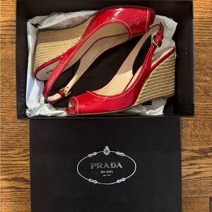 Prada Glossy Red Wedge Sandals